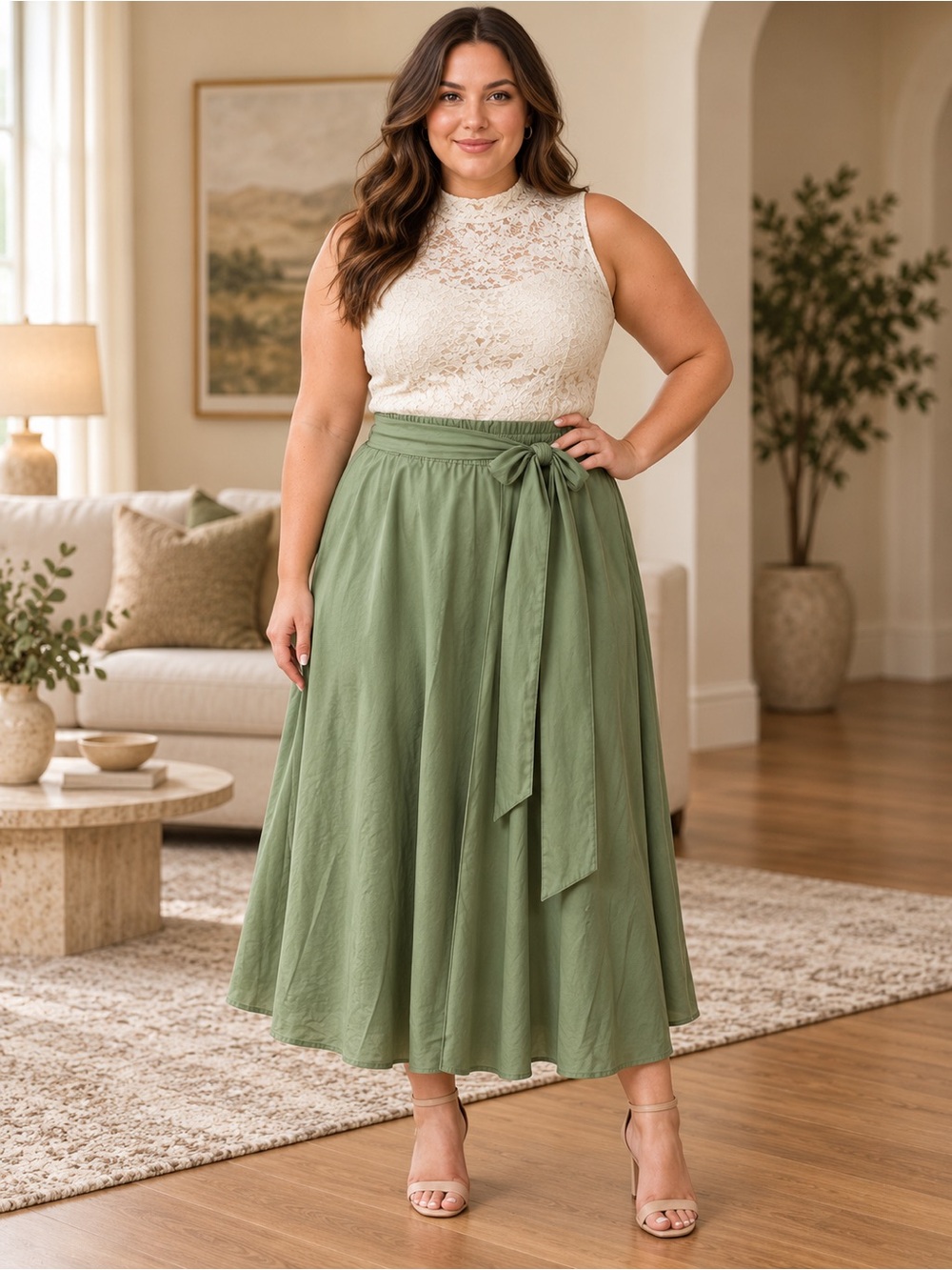 Sage Green Tie-Waist Flowy Midi Skirt XXL